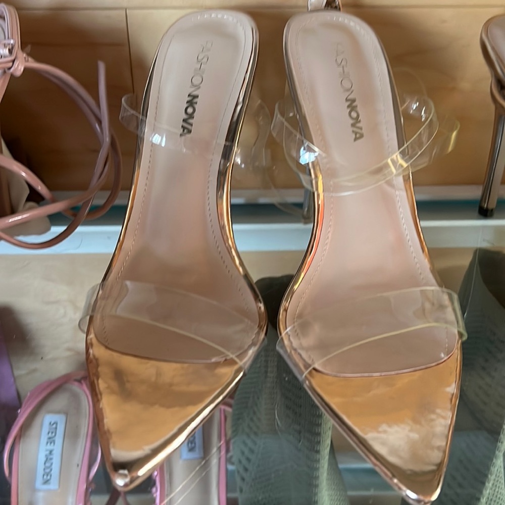 Rose gold clear strap heels